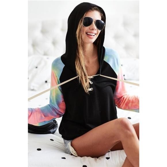 BiBi French Terry Lace Up Hoodie With Tie Dye Sleeves - Picture 4 of 16